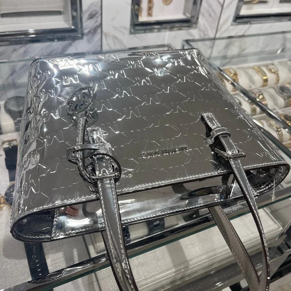 MICHAEL KORS Jet Set Extra-Small Patent Logo Debossed Convertible TZ Tote Silver